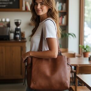 Vegan Leather Transport Bag – Brown with Snake Print Strap – T-Shirts & Jeans
